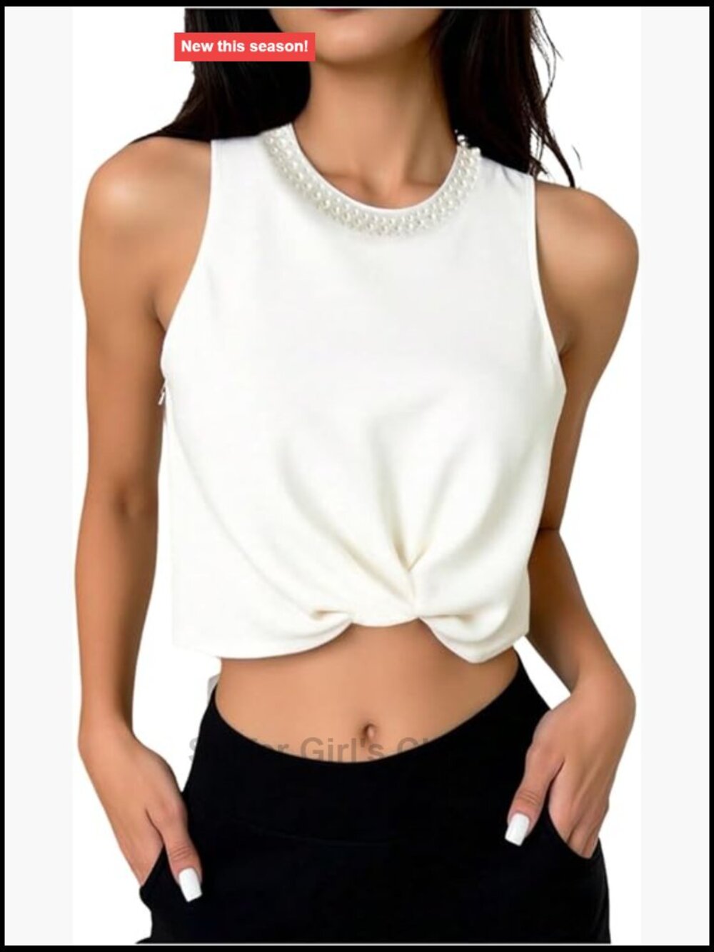 Pearl Beaded Crew Neck Sleeveless Tank Top Womens Casual Going Out Top